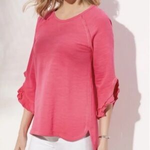 Bright Pink Cotton Sweater Tunic Top Size M Ruffle Sleeves Soft Surroundings